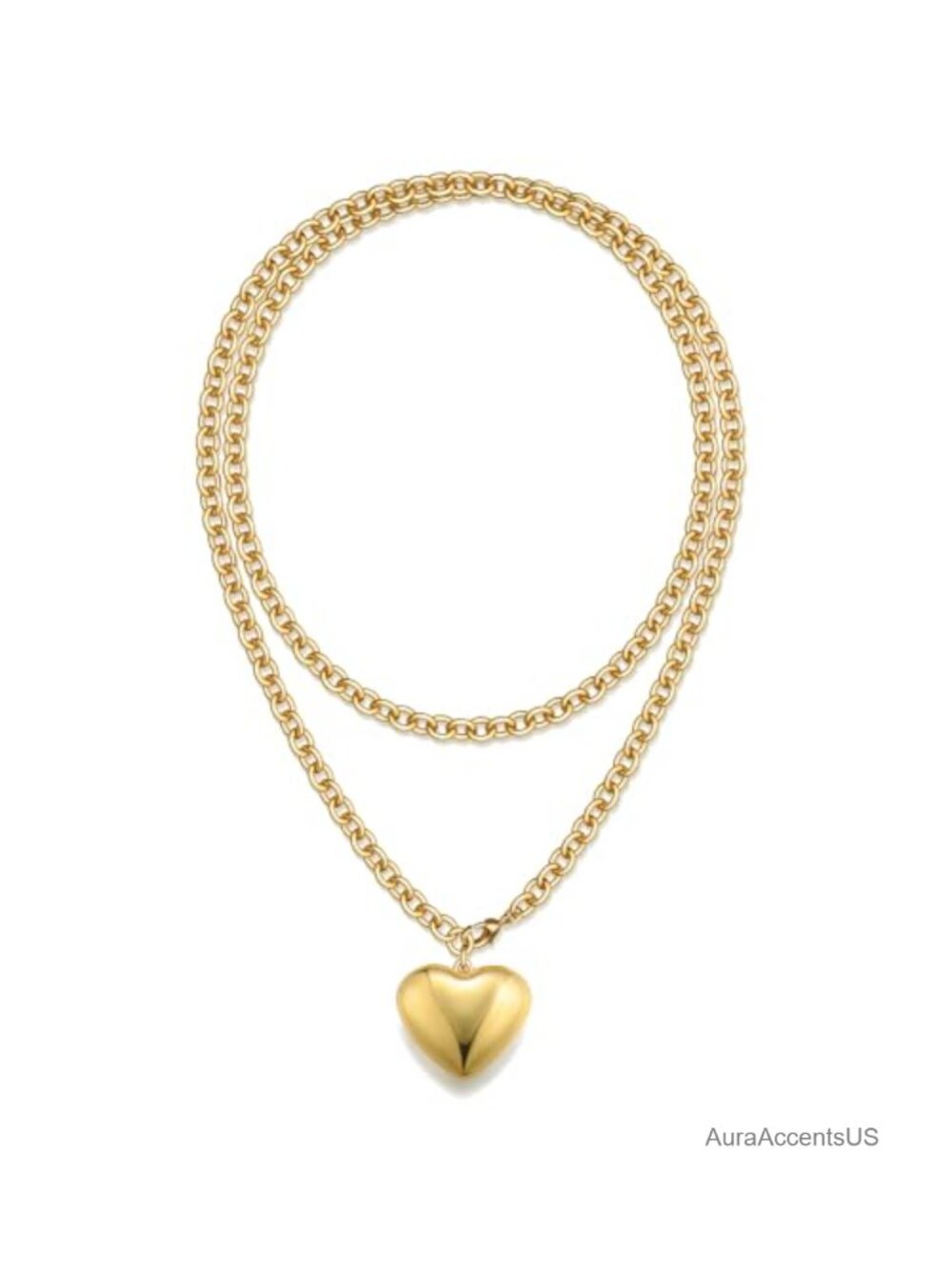 16k Gold Plated Chunky Heart Pendant Necklace 36 Inch Layered Puffy